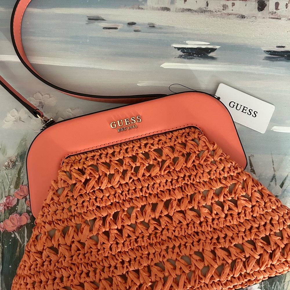 NWT Guess Liguria Braided Straw Crossbody Bag Clutch Purse in Peach Coral